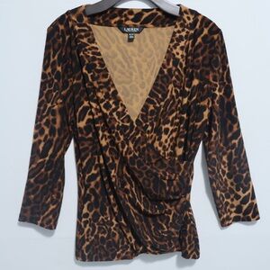 Ralph Lauren Leopard-Print Wrap Top with 3/4 Sleeves Rushed Detail. Black Label
